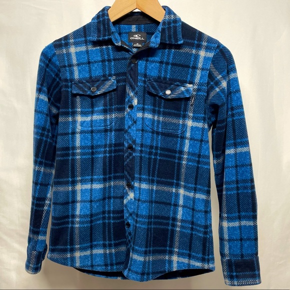 O’Neill Glacier Stretch Button Up Polar Fleece Shirt Blue Plaid Sz M - Picture 1 of 5